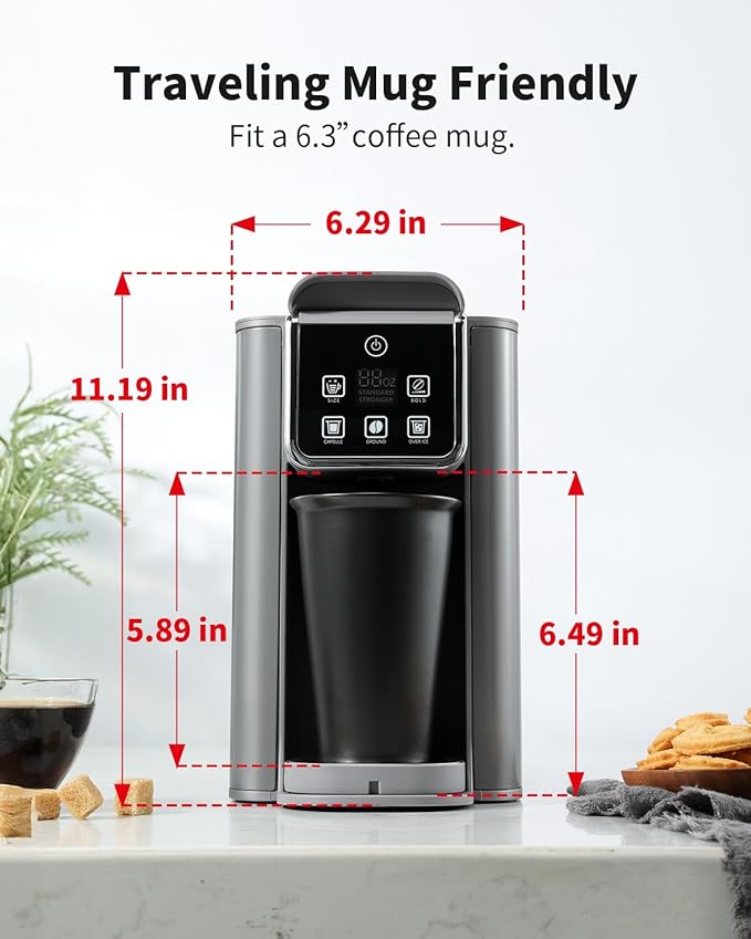 Hot & Iced Coffee Maker with Bold Setting, Single Serve Coffee Maker for K Cup and Grounds, 6-14 Oz Brew Sizes, 50 Oz Removable Water Tank, One Cup Coffee Machine with Reusable Filter, Grey