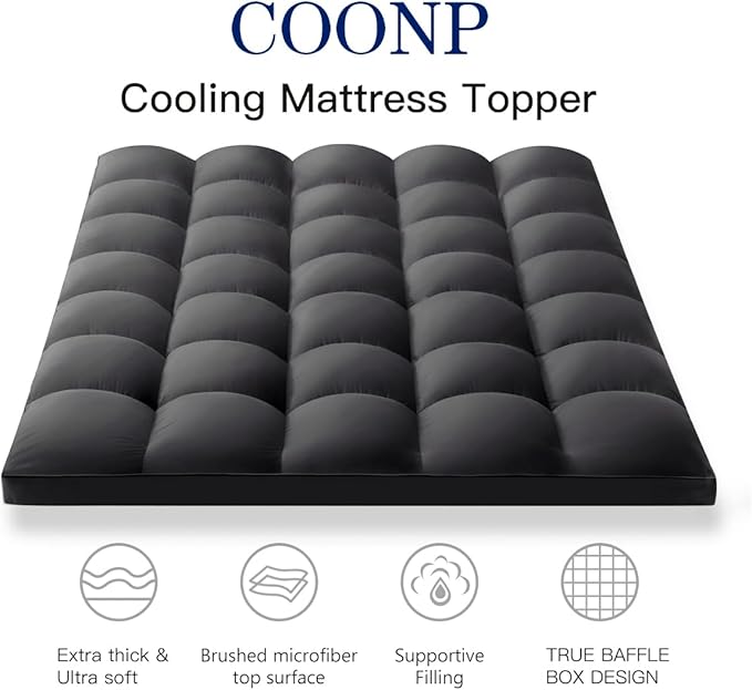 COONP Queen Mattress Topper, Extra Thick Pillowtop, Cooling Plush Mattress Pad Cover Bed Topper Protector with 8-21 Inch Deep Pocket (Black, Queen)