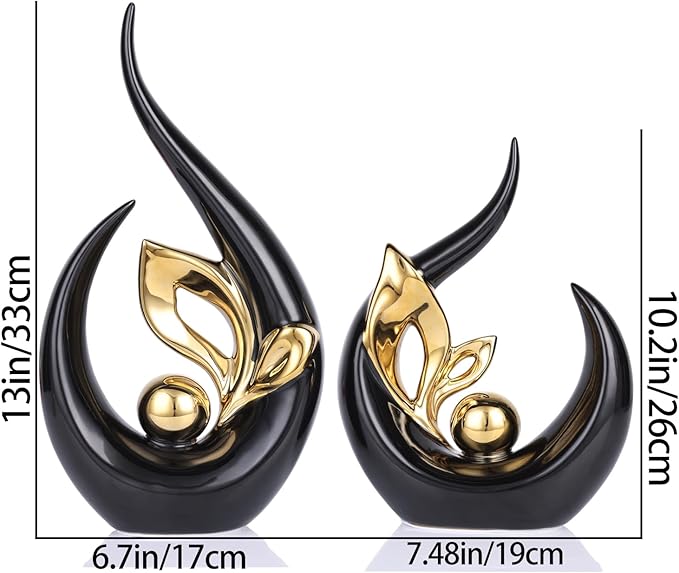 DOVDOV Black and Gold Home Decor, Abstract Ceramic Statue Set of 2 for Home Living Room Shelves, Coffee Tables, Shelves, Dining Table centerpieces