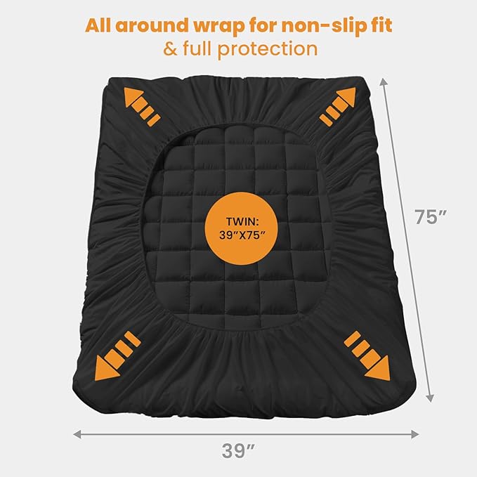 MATBEBY Twin Size Mattress Pad - Cooling Breathable Mattress Topper, Quilted Fitted Mattress Protector, Pillow Top Mattress Cover with 8-21" Deep Pocket, Soft, Machine Washable, Black, 39x75 Inches