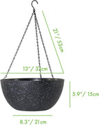 WOUSIWER 13 inch 2Pack Large Hanging Planters for Outdoor Indoor Plants with Drainage Holes and Chain, Round Hanging Flower Pots for Garden Home Porch Decor, Black Speckles