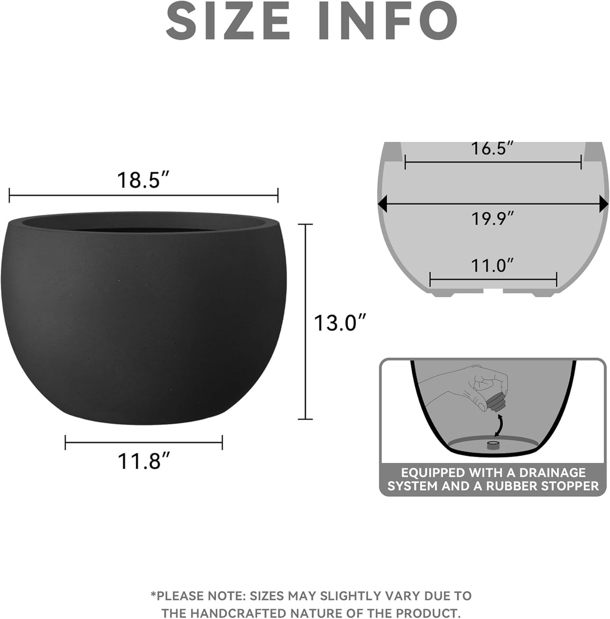Kante 19.9" Dia Round Concrete Planter, Outdoor/Indoor Large Bowl Plant Pots with Drainage Hole and Rubber Plug for Garden Patio Balcony Home, Black