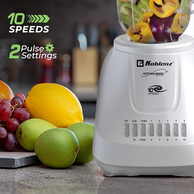 Koblenz 42 oz Plastic Jar Blender, 10 Speed and 2 Pulses, Countertop Blender with Stainless Steel Blades, Perfect for Shakes and Smoothies, 500-Watt Motor, White, LKM-5510 PB