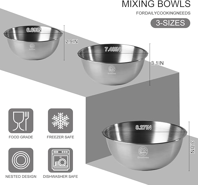 3-Piece Stainless Steel Mixing Bowls Set (6.69" 7.48" 8.27" inch) - Food Grade 304 with Measurement Marks, Dishwasher Safe & Stackable - Perfect for Baking, Salad Making, Meal Prep and Kitchen Use