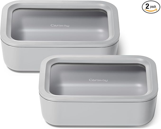 Caraway 2pc Glass Food Storage Set - 6.6 Cup Food Containers (2) - Ceramic Coated - Non Toxic, Non Stick Lunch Box with Lids. Dishwasher, Oven, & Microwave Safe - Gray