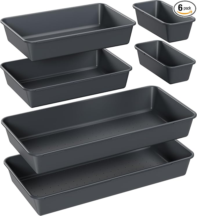 6 PCS Large Drawer Organizer, 3 Sizes Plastic Versatile Desk Drawer Organizer Trays, Kitchen Drawer Organization and Plastic Storage Bins for Makeup, Vanity, Kitchen, Utensils, Office, Bathroom