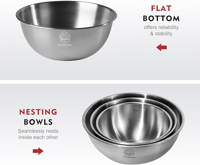 3-Piece Stainless Steel Mixing Bowls Set (6.69" 7.48" 8.27" inch) - Food Grade 304 with Measurement Marks, Dishwasher Safe & Stackable - Perfect for Baking, Salad Making, Meal Prep and Kitchen Use