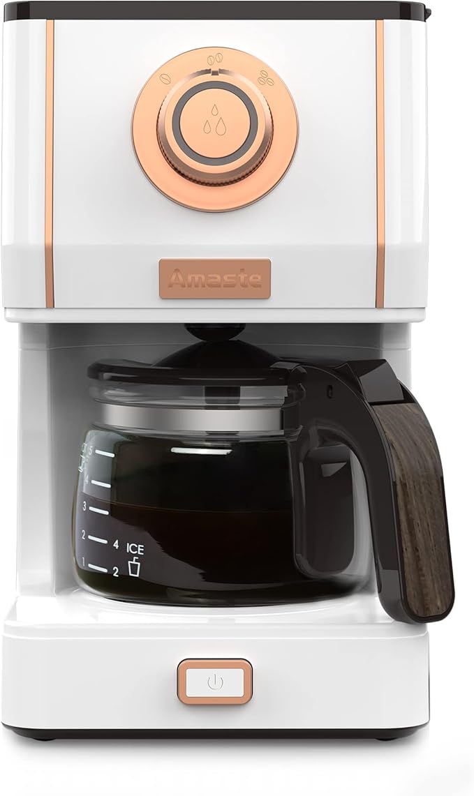 Amaste Retro Style Coffee Machine with 25 Oz Glass Coffee Pot, Reusable Coffee Filter & Three Brewing Modes, 30minute-warm-keeping, Elegant White with Rose Gold