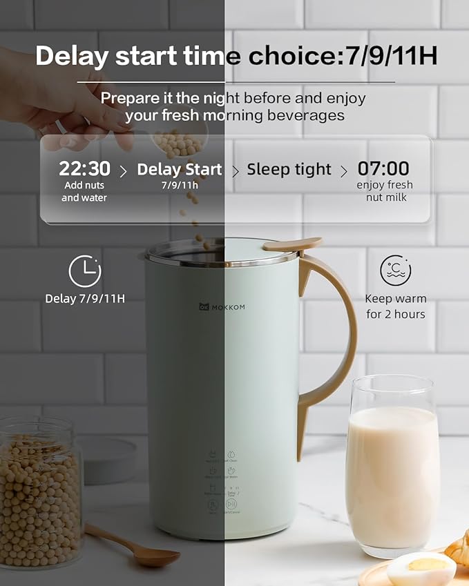 MOKKOM Automatic Nut Milk Maker, 20 oz Soy Milk Maker, Homemade Almond, Oat, Coconut, Soy, Plant-Based Milk and Dairy Free Beverages, Almond Milk Maker with Delay Start/Boild Water/Self Clean - Green