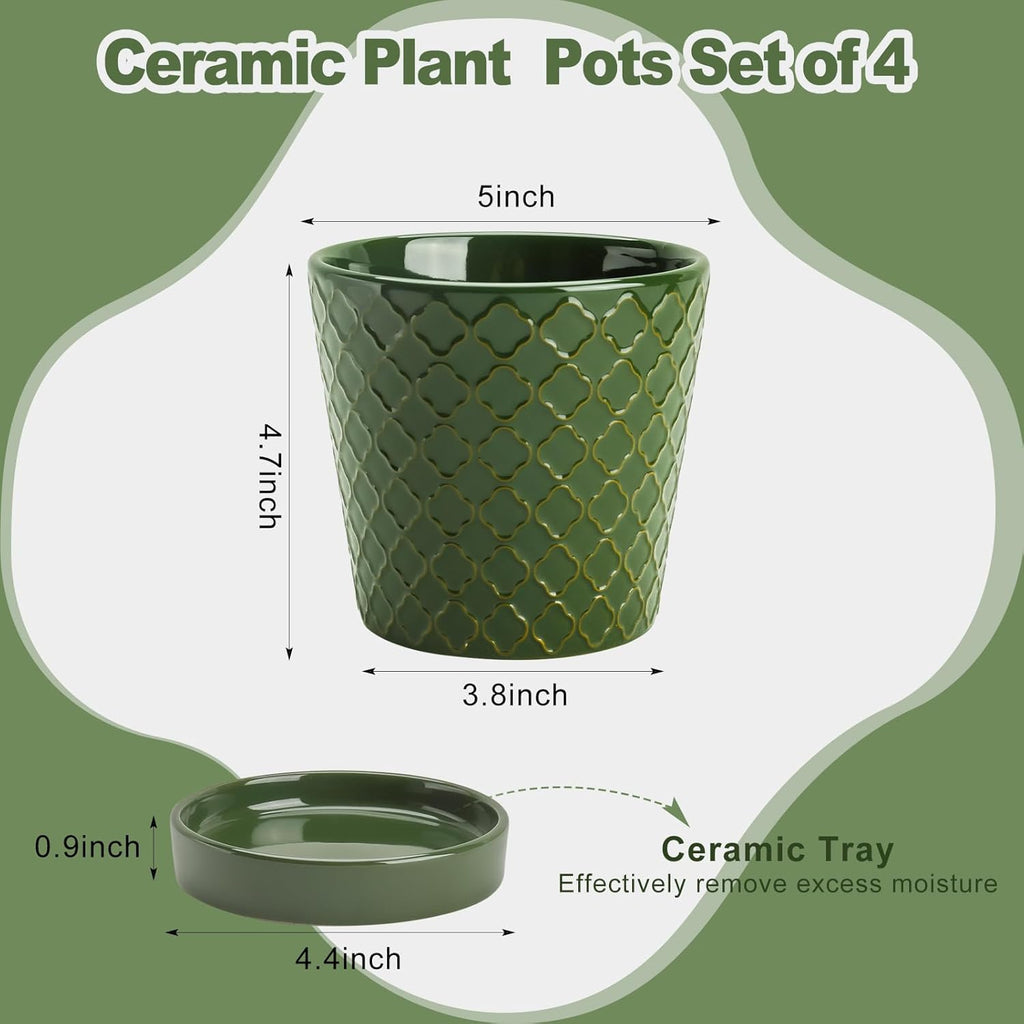 EFISPSS Ceramic Plant Pots, 5 Inch Planters with Drainage Holes and Ceramic Tray, Relief Design Flower Planter, Desktop Office Windowsill Decoration Gift Set of 4 - Blackish Green
