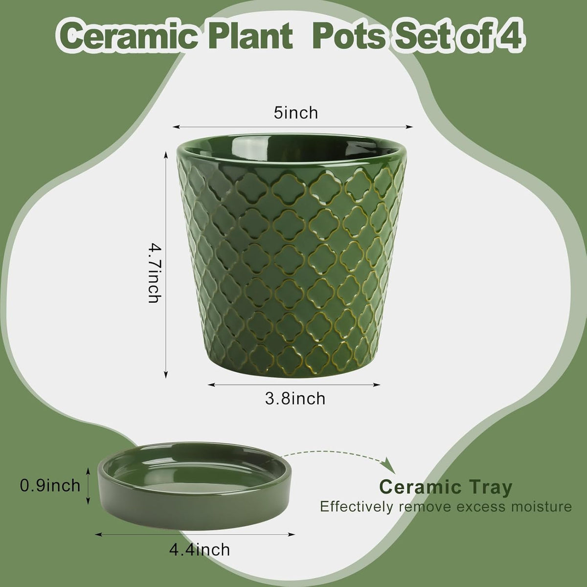 EFISPSS Ceramic Plant Pots, 5 Inch Planters with Drainage Holes and Ceramic Tray, Relief Design Flower Planter, Desktop Office Windowsill Decoration Gift Set of 4 - Blackish Green