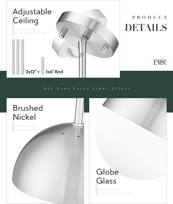 LMS Farmhouse Pendant Light Fixtures, Brushed Nickel Pendant Light with Globe Glass, Adjustable Hanging Lighting for Kitchen Island, Bedroom, Bathroom, LMS-203