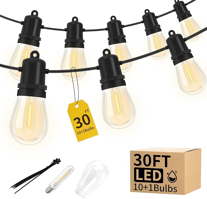 30FT LED Outdoor String Lights Dimmable Shatterproof S14 Bulbs IP44 Weatherproof Hanging Lights for Small Patio Balcony Tent DIY Project