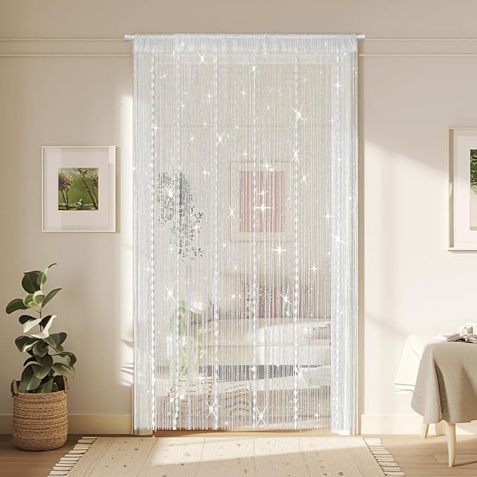 Hysenm Door String Curtains 39x79 Inch White Panel Soft Balls Romantic Glitter Fringe Room Divider Home Décor Wedding Girls Bedroom Window Living Room Backdrop Party Doorways Closet