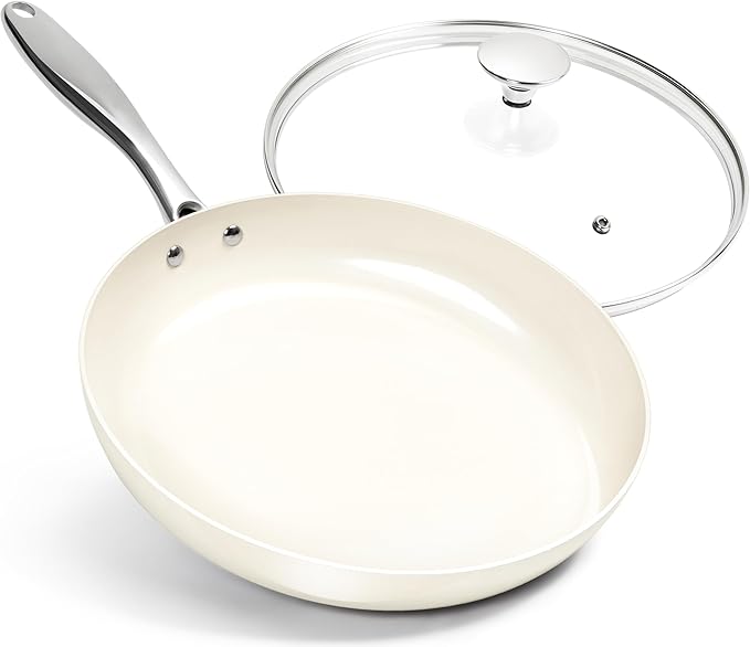 MICHELANGELO 12 Inch Frying Pan with Lid, Large Nonstick Skillet with Ergonomic Handle, Non-Toxic Ceramic Fry Pan, Oven-Safe, White