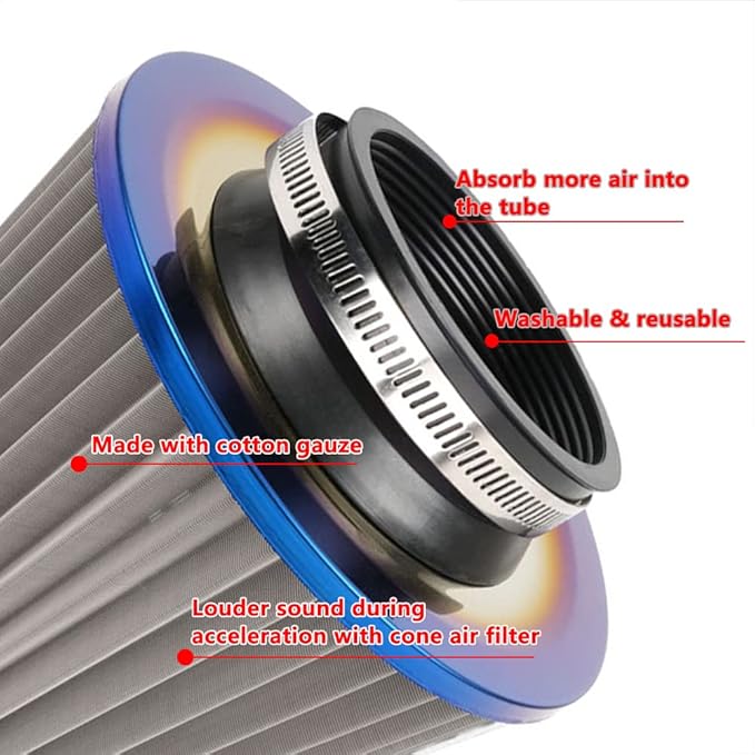Cold Air Intake Filter, High Performance, Washable Filter, Clamp-On Replacement Air Filter, Flange Diameter 3inch/76mm Gray