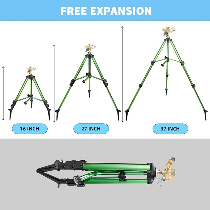 Impact Sprinklers on Tripod Base,Heavy Duty Lawn Sprinkler for Yard with 360 Degree Large Area Coverage Irrigation,Brass Sprinklers with Adjustable Head Nozzle,3/4Inch Connector Extension Legs