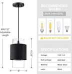 1 Light Hanging Indoor Kitchen Island Pendant Light 6" Drum Glass Shade Pendant Ceiling Light Fixtures Modern Farmhouse Dinning Over Sink (Black Finish, 2 Pack)