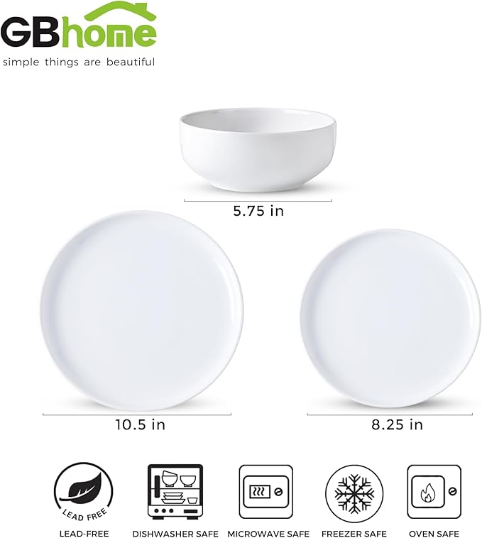 GBHOME Ceramic Dinnerware Sets, 12 Pieces Stoneware Dinnerware Set, Plates and Bowls Sets, Dishwasher & Microwave Safe Dishes | Service for 4 -White