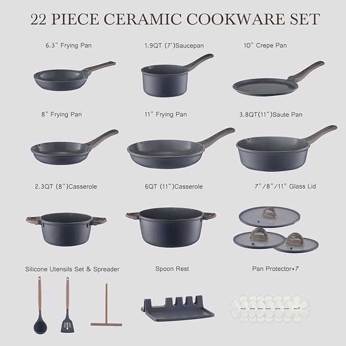 22Pcs Pots and Pans Set Non Stick Non-Toxic Ceramic Cookware Sets Nonstick Kitchen Pot&Pan With Lid Cream Gray Granite Induction Compatible with Glass Lids 10" Griddles Frying Pan PFOA/PFOS-Free