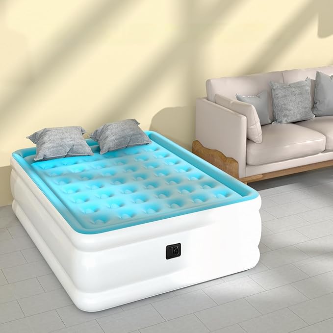 Full Size Air Mattress with Built in Pump, Air Bed with Portable Storage Bag, 18'' Blow up Mattress Suitable for Home and Guests, Top Flocking, 18" Full Sky Blue