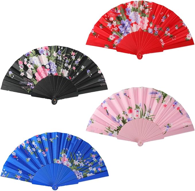 HUNANBANG 4 Pcs Oriental Flowers Japanese Folding Hand Fans Spanish Church Wedding Vintage Gift, Party Favors, DIY Decoration retro Gift Size 8 1/4" Wholesale (4pack)