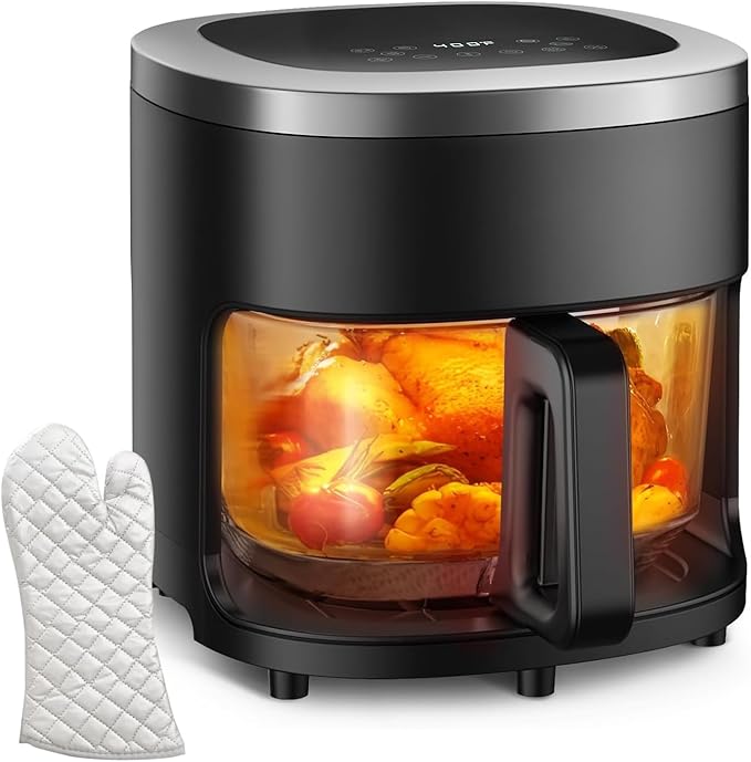 4.5QT Air Fry,Glass Air Fryer,6-IN-1 Air Fryer with Viewing Glass Pot,Roast, Reheat, Dehydrate, Air Crisp Technology,Nonstick & Dishwasher Safe Basket,97% Less Oil,Features Digital Timer