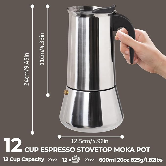 12 Cup 600ml Moka Pot Stainless Steel Espresso Coffee Maker Stovetop Percolator Coffeemaker Italian Classic Style Brewing Greca Cafe Mocha Machine for Cafeteras Lover Camping Travel and Home Use 20oz