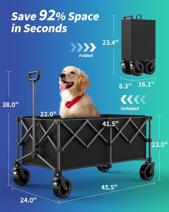 45.5" L Kitsure Collapsible Wagon - Heavy Duty Foldable Wagon with 440lbs Capacity, Adjustable Handle, Shopping Cart with Wheels for Camping, Groceries, Black, 45.5" x 24.0" x 38.0"