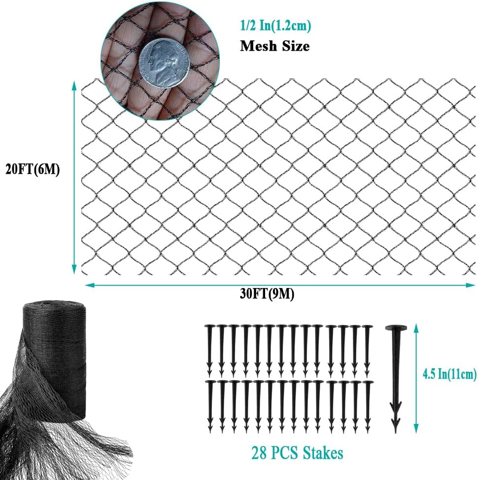 Koi Pond Netting for Leaves 20x30 Ft, 1/2 in Strong Woven Fine Mesh Pond Leaf Net Cover, Protecting Koi Fish from Herons, Raccoons, Birds, Cats & Predators, 28 Pcs Stakes Included