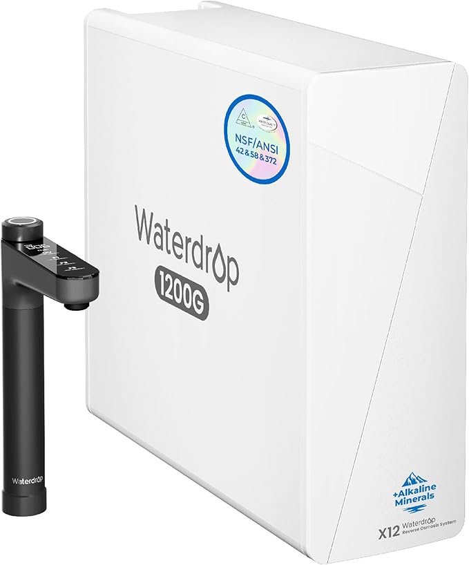 Waterdrop X12-Alkaline Mineral pH+ Tankless Reverse Osmosis System, NSF/ANSI 42&58&372 Certified, 1200 GPD RO Water Filter System, 11-Stage Filtration, 3:1 Pure to Drain, UnderSink, Black Faucet