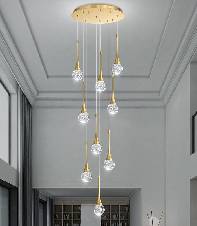 9 Light Modern Glam Crystal Chandelier for High Ceiling LED Dimmable Ceiling Pendant Light Staircase Foyer Enterway Living Room Chandelier Lighting Antique Gold