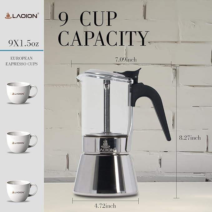 Stovetop Espresso Maker, 9Cup 360ml Moka Pot, Crystal Glass-top & Stainless Steel Coffee Maker Mocha Pot, Greca De Cafe, Cuban and Italian Coffee Maker for Cafetera Cubana