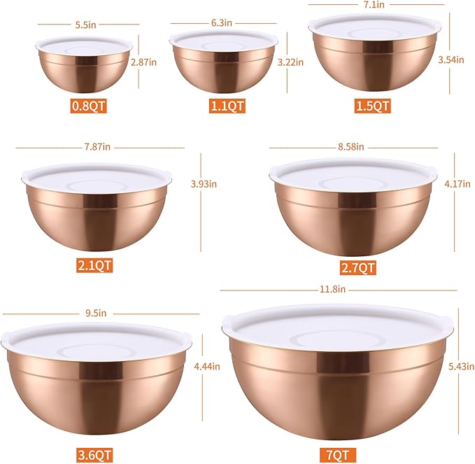 Rose Gold Mixing Bowls With Airtight Lids,Stainless Steel Bowl,Salad Bowls 7 Piece Colorful Nesting Bowl Rose Gold Kitchen Accessories,Size 7,3.6,2.7,2.1,1.5,1.1,0.8QT Stackable Design