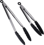 Silicone Kitchen Tongs for Cooking - 9+12 Inch Heat-Resistant Stainless Steel Cooking Tongs with Non-Slip Handle, Non-Scratch Tips for Grilling, BBQ, Salad & Air Fryer - 2-Piece Black Set