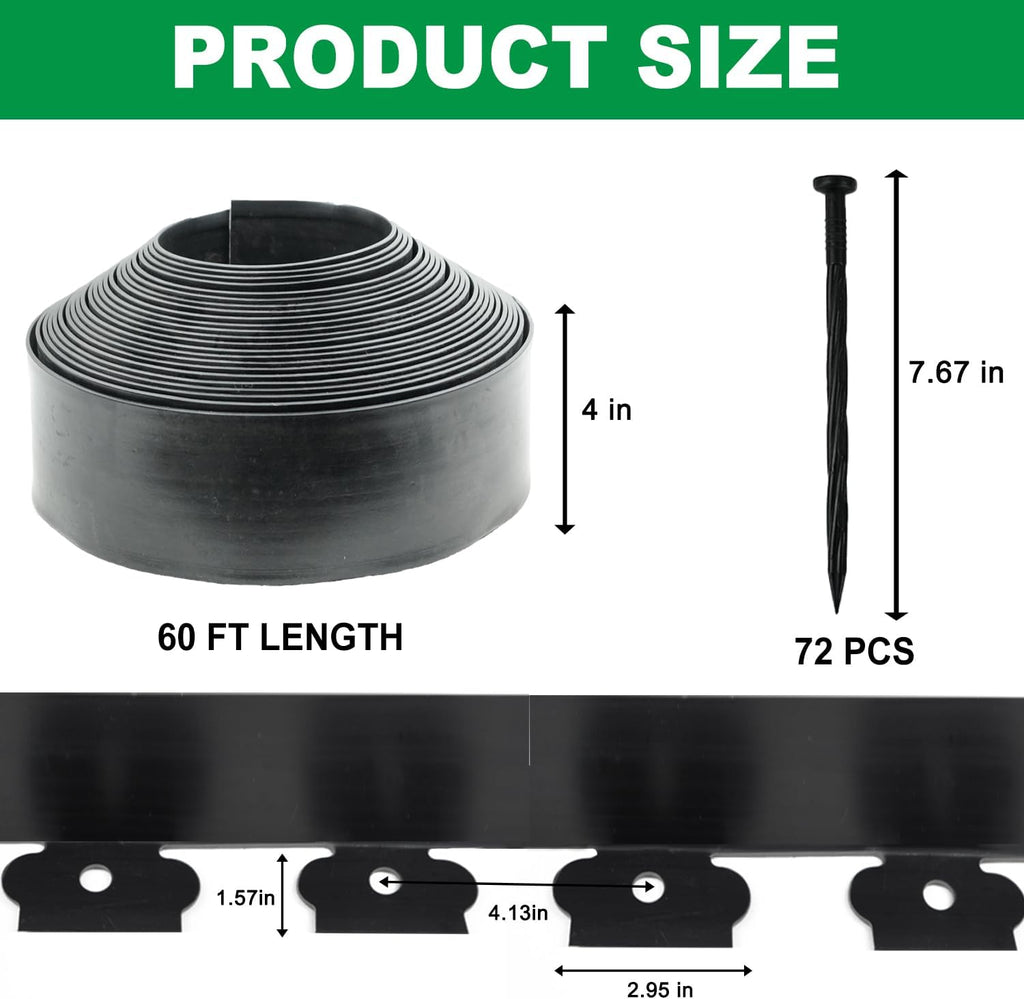 Hugeleaf Landscape Edging Border 60 Feet with 72pcs Spikes, 4inches Flexible Plastic Garden Edging for Landscaping, Lawn, Flower Bed, Yard（Black）
