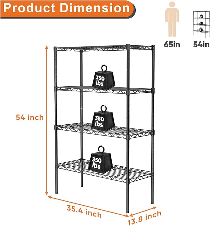 Sweetcrispy 4-Shelf Storage Shelving Unit, Adjustable Metal Wire Racks Heavy Duty Standing Shelf Organizer for Kitchen, Closet, Pantry, Garage, Bathroom, Laundry (13.8" D x 35.4" W x 54" H)