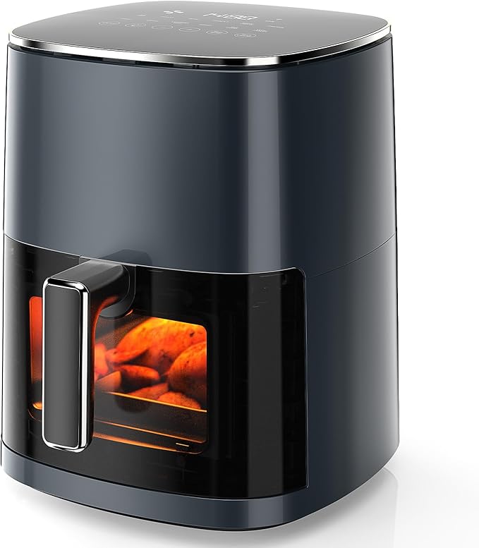 OLIXIS Air Fryer 6 Quart with Window Square Air Fryer 12-in-1 Air Fry, Roast, Reheat, Dehydrate, Bake, Steam, Fries, Custard, Chicken, Wings, Sea Food, Vegetabels,400F Grey