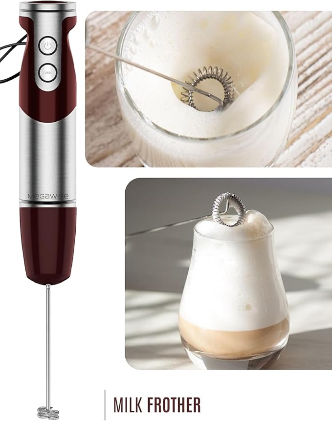 3-in-1 Immersion Hand blender, Powerful MOTOR & Stainless Steel Stick Blender, 4 Sharpe Blades with Whisk, Milk Frother Attachments