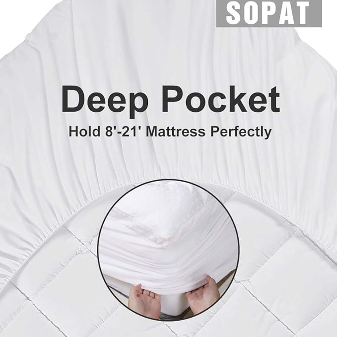 SOPAT Extra Thick Mattress Topper Twin 400TC Cotton Pillow Top Breathable Mattress Pad Protector with 8-22" Deep Pocket Soft Down Alternative Fill Mattress Cover (39x75 Inches, White)