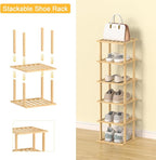 6-Tier Bamboo Shoe Rack - Vertical Shoe Rack for Small Spaces, Tall Narrow Shoe Rack Organizer for Closet Entryway Corner Garage and Bedroom,Free Stackable DIY，Primary Colours