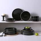 Famiware Nebula Plates and Bowls Set, 24 Pieces Dinnerware Sets, Dishes Set for 8, Black with White Rim