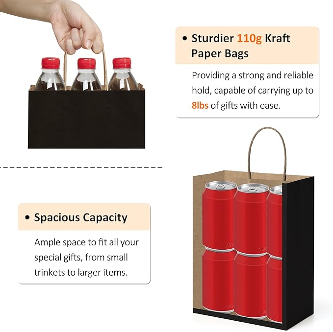 BagDream 50Pcs Gift Bags 8x4.25x10.5 Inches Kraft Paper Gift Bags with Handles Bulk for Shopping, Wedding, Party Favor, Merchandise, Retail, Black Paper Sacks