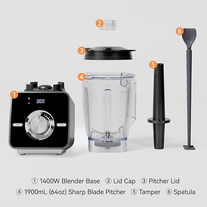 Home Blender, 1400W High-Speed Blender for Ice Crushing Power, Stainless Steel Blades, Kitchen Timer, 10 Speeds, 6 Programs for Smoothies, Frozen Drinks, Self-Cleaning, 64oz Bulk Production