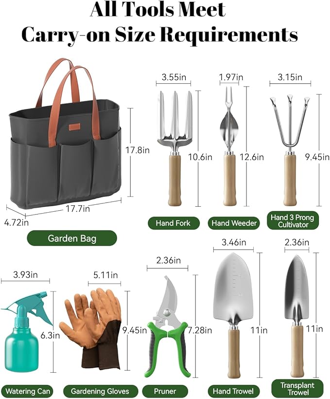 VerdantVibes 9-Piece Garden Tool Set - Heavy Duty Gardening Hand Tools with Ergonomic Non-Slip Grips, Rust-Resistant Shovel, Trowel, Rake, Pruner & Storage Bag - Ideal Gardening Gifts for Women