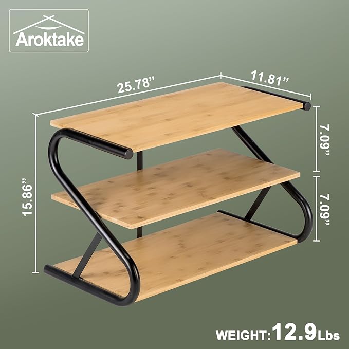 Bamboo Shoe Rack, Z-Frame Wooden 3-Tier Shelf with Durable Metal Shelves, Shoe Organizer for High Heels, Hallway, Living Room, Closet, Bedroom (Natural)
