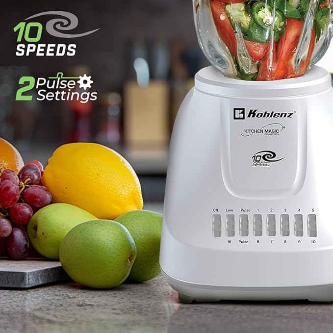 Koblenz 51-oz Glass Jar Blender, 10 Speed and 2 Pulse Blender, Countertop Blender with Stainless Steel Blades, Perfect for Shakes and Smoothies, 500-Watt Motor, White, LKM-5910 VB