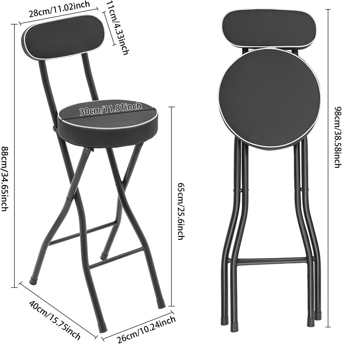 2 Pcs Folding Counter Height Stool Chair Padded Portable Stools with Foldable & 275 Lbs Load Capacity Tall Foldable Stool Chair Stools With Backrest for Camping, Barbecues, Traveling(Black)