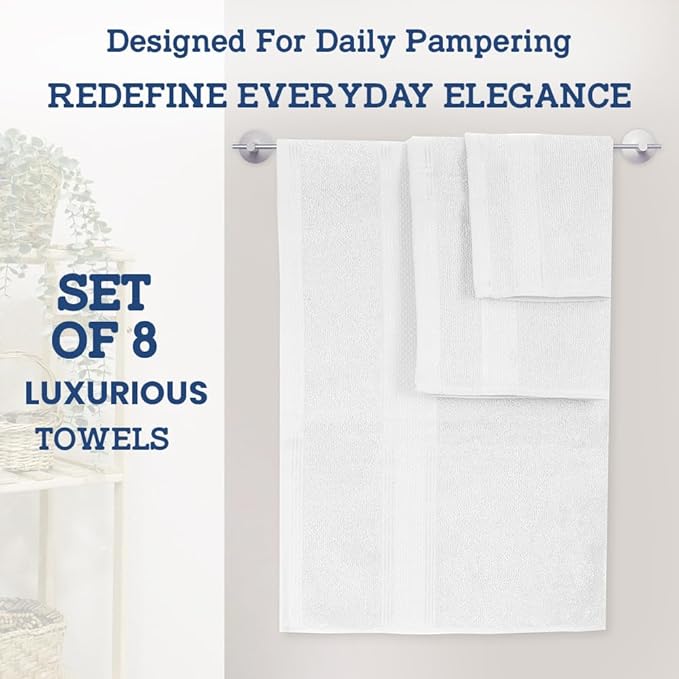 Casa Lino Bath Towel Set of 8 (2 Bath Towels, 4 Wash Cloths & 2 Hand Towels for Bathroom) - 100% Cotton - Highly Absorbent & Quick Dry - Guest Room Essentials for Bathroom Set - (White)