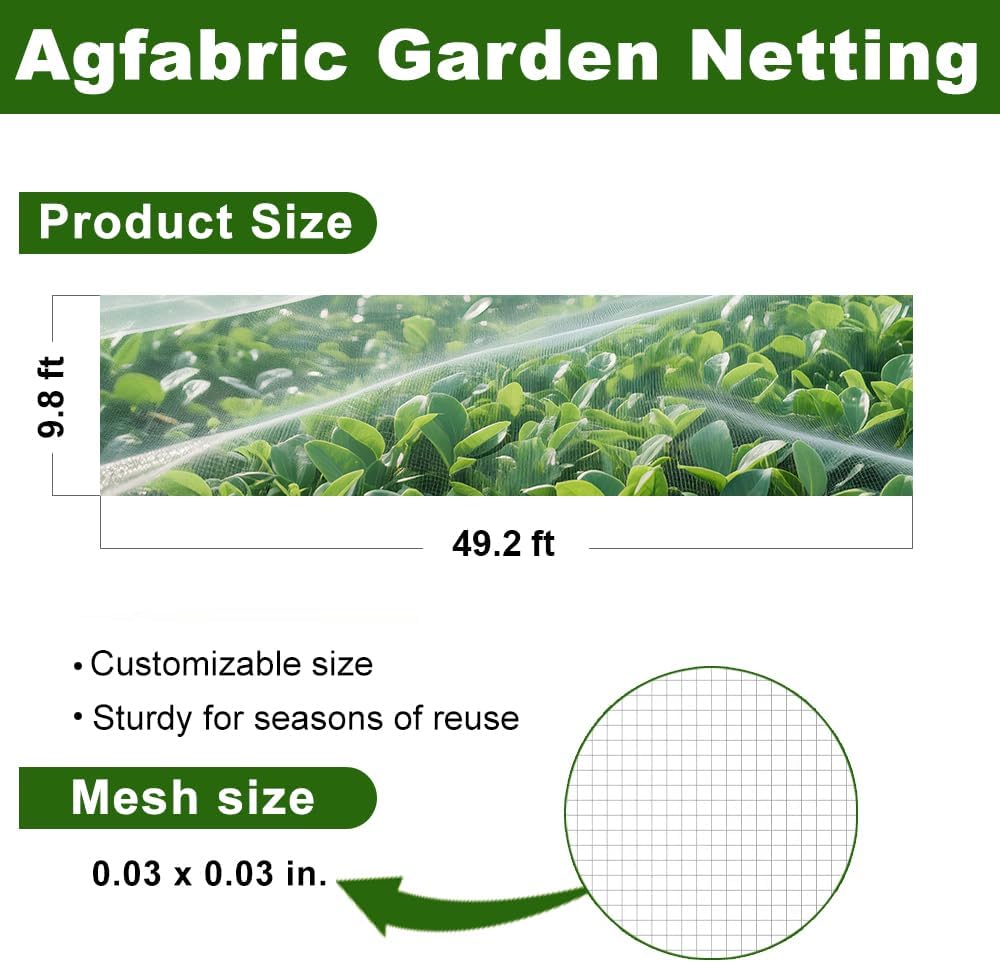 Agfabric Garden Netting 9.8X 49.2 FT Insect Pest Barrier Bird Netting for Garden Protection,Row Cover Mesh Netting for Vegetables Fruit Trees and Plants,White